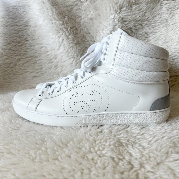 Gucci Other - Gucci Ace White Leather High Top Sneakers Perforated GG Size 11